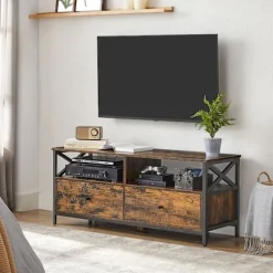 TV-skab, TV-møbel til 55-tommers TV, 2 opbevaringshylder, 120 x 40 x 50 cm, brun og sort