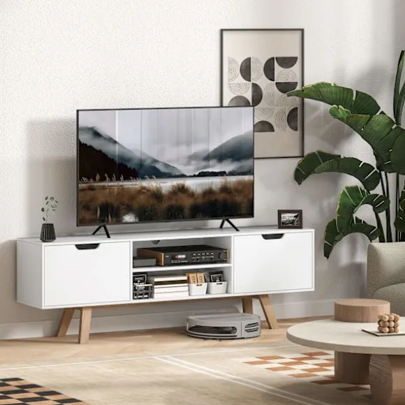 TV-skab, TV-stander til fjernsyn op til 65 tommer, lowboard med 2 skabe og 2 hylder, TV-skab til stue, 150 x 39 x 50 cm hvid