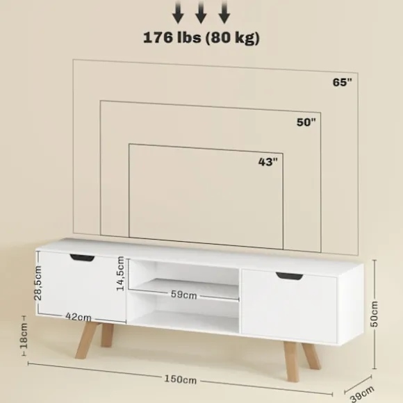 TV-skab, TV-stander til fjernsyn op til 65 tommer, lowboard med 2 skabe og 2 hylder, TV-skab til stue, 150 x 39 x 50 cm hvid