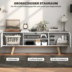TV-skab, TV-stander til fjernsyn op til 65 tommer, lowboard med 2 skabe og 2 hylder, TV-skab til stue, 150 x 39 x 50 cm hvid