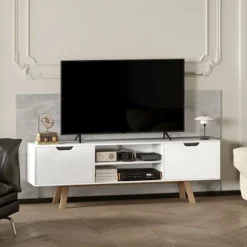 TV-skab, TV-stander til fjernsyn op til 65 tommer, lowboard med 2 skabe og 2 hylder, TV-skab til stue, 150 x 39 x 50 cm hvid