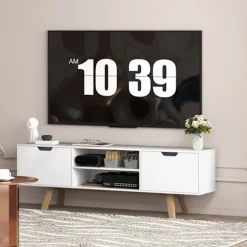 TV-skab, TV-stander til fjernsyn op til 65 tommer, lowboard med 2 skabe og 2 hylder, TV-skab til stue, 150 x 39 x 50 cm hvid