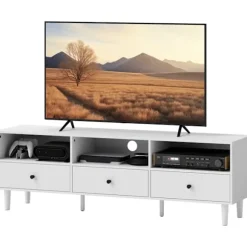 Tv-skab Tv-tavle med skuffer, 3 åbne rum 140 cm lang tv-lowboard med kabelstyring til tv op til 75 tommer tv-bord til stue hvid 140x34x45cm Aosom