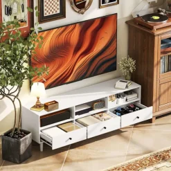 Tv-skab Tv-tavle med skuffer, 3 åbne rum 140 cm lang tv-lowboard med kabelstyring til tv op til 75 tommer tv-bord til stue hvid 140x34x45cm Aosom