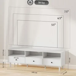 Tv-skab Tv-tavle med skuffer, 3 åbne rum 140 cm lang tv-lowboard med kabelstyring til tv op til 75 tommer tv-bord til stue hvid 140x34x45cm Aosom