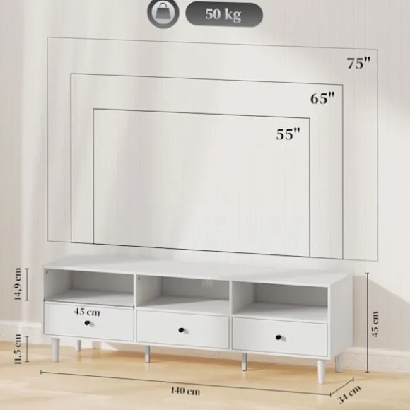 Tv-skab Tv-tavle med skuffer, 3 åbne rum 140 cm lang tv-lowboard med kabelstyring til tv op til 75 tommer tv-bord til stue hvid 140x34x45cm Aosom