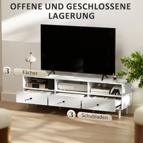 Tv-skab Tv-tavle med skuffer, 3 åbne rum 140 cm lang tv-lowboard med kabelstyring til tv op til 75 tommer tv-bord til stue hvid 140x34x45cm Aosom