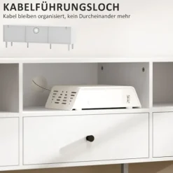 Tv-skab Tv-tavle med skuffer, 3 åbne rum 140 cm lang tv-lowboard med kabelstyring til tv op til 75 tommer tv-bord til stue hvid 140x34x45cm Aosom