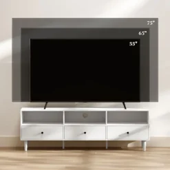 Tv-skab Tv-tavle med skuffer, 3 åbne rum 140 cm lang tv-lowboard med kabelstyring til tv op til 75 tommer tv-bord til stue hvid 140x34x45cm Aosom