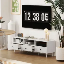Tv-skab Tv-tavle med skuffer, 3 åbne rum 140 cm lang tv-lowboard med kabelstyring til tv op til 75 tommer tv-bord til stue hvid 140x34x45cm Aosom
