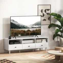 Tv-skab Tv-tavle med skuffer, 3 åbne rum 140 cm lang tv-lowboard med kabelstyring til tv op til 75 tommer tv-bord til stue hvid 140x34x45cm Aosom