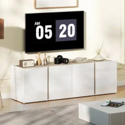 Tv-stativ til 65-tommer tv, blødt lukkede døre, hvid