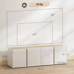 Tv-stativ til 65-tommer tv, blødt lukkede døre, hvid