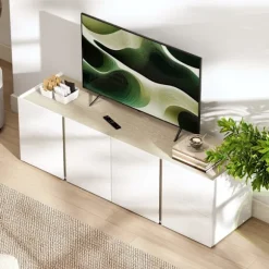 Tv-stativ til 65-tommer tv, blødt lukkede døre, hvid