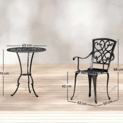 Udendørs bistrosæt, støbt aluminium, bord og 2 stole, sort