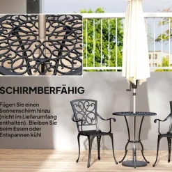 Udendørs bistrosæt, støbt aluminium, bord og 2 stole, sort