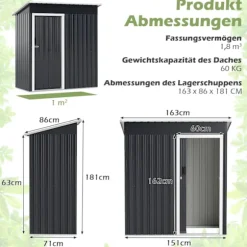 Udendørs metalskur, 163 x 86 cm, aflåselig dør