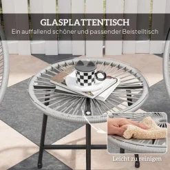 Udendørs terrassesæt – 2 rattanstole, glasbord, stålramme