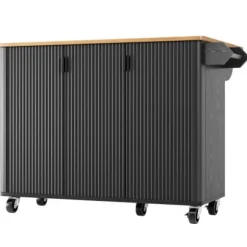 Udtrækkelig køkkenø med hjul | Køkkenvogn 130x45(75)x92cm | Med krydderihylde, håndklædeholder & 3 døre | Hvid/Sort træstruktur Black