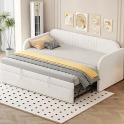 Udtrækkelig polstret seng 90/180x190 cm - Med lamelbund, lodrette striber & linnedstof, beige White
