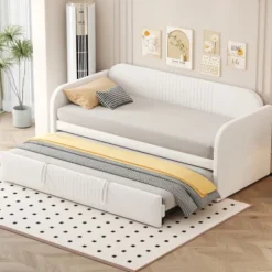 Udtrækkelig polstret seng 90/180x190 cm - Med lamelbund, lodrette striber & linnedstof, beige White
