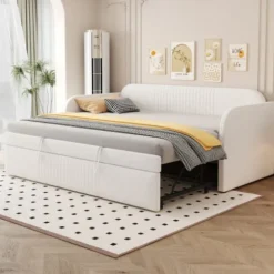 Udtrækkelig polstret seng 90/180x190 cm - Med lamelbund, lodrette striber & linnedstof, beige White
