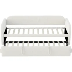 Udtrækkelig polstret seng 90/180x190 cm - Med lamelbund, lodrette striber & linnedstof, beige White