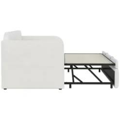 Udtrækkelig polstret seng 90/180x190 cm - Med lamelbund, lodrette striber & linnedstof, beige White