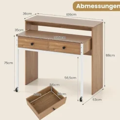 Udtrækkeligt skrivebord med 2 skuffer & hjul, 100x63x88 cm