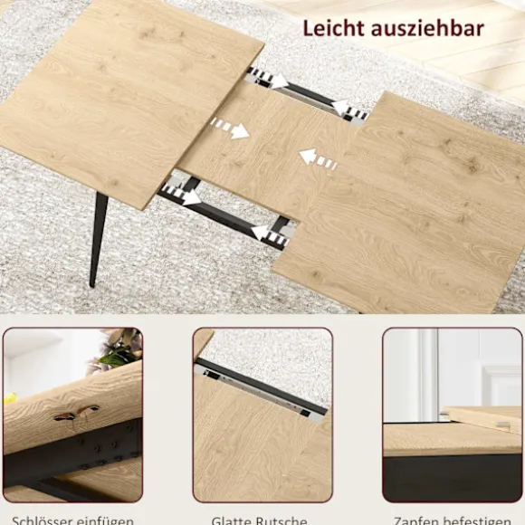 Udtrækkeligt spisebord 120/160 x 75 cm køkkenbord til 6-8 personer, moderne spisebord med stålben, natur