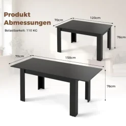 Udtrækkeligt spisebord til 4-6 personer, 120-158 cm, 110 kg kapacitet