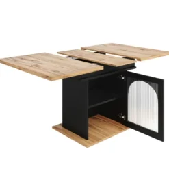 Udtræksspisebord (teleskopbord) med 3 hylder, 140x80cm, pladsbesparende, natur & sort, til køkken/stue Black