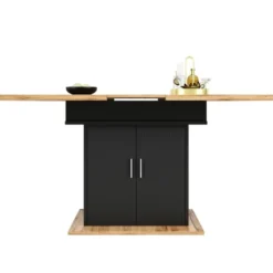Udtræksspisebord (teleskopbord) med 3 hylder, 140x70cm, pladsbesparende, natur & sort, til køkken/stue Black