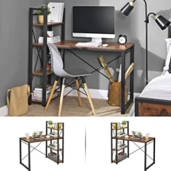 Vasagle computer skrivebord, 120 cm skrivebord med opbevaringshylder, rustikbrun og sort