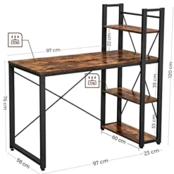 Vasagle computer skrivebord, 120 cm skrivebord med opbevaringshylder, rustikbrun og sort