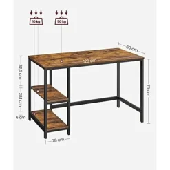 VASAGLE Computerbord, Skrivebord med 2 hylder, Stålramme, rustikbrun og sort