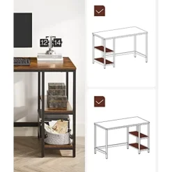 VASAGLE Computerbord, Skrivebord med 2 hylder, Stålramme, rustikbrun og sort