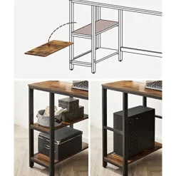 VASAGLE Computerbord, Skrivebord med 2 hylder, Stålramme, rustikbrun og sort