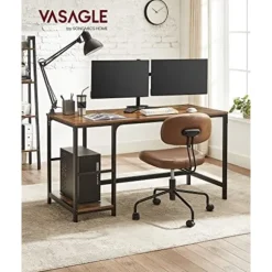 VASAGLE Computerbord, Skrivebord med 2 hylder, Arbejdsbord, Rustik Brun og Sort