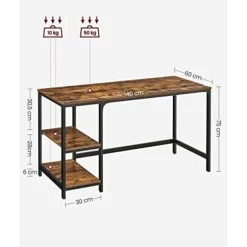 VASAGLE Computerbord, Skrivebord med 2 hylder, Arbejdsbord, Rustik Brun og Sort