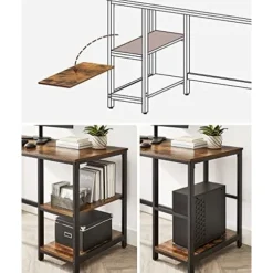 VASAGLE Computerbord, Skrivebord med 2 hylder, Arbejdsbord, Rustik Brun og Sort