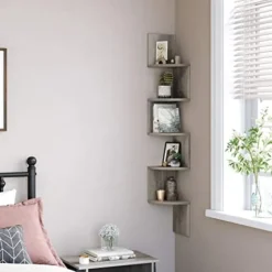 Vasagle hjørnehylde, 5-lags flydende væghylde med zigzag-design, bogreol, Greige