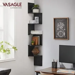 Vasagle hjørnehylde, væghylde, 5 niveauer, zigzag flydende hylde, bogreol, sort