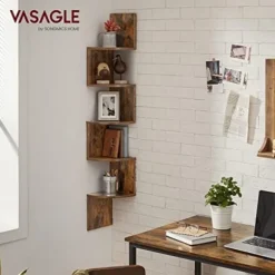 Vasagle hjørnehylde, væghylde, 5 niveauer, zigzag flydende hylde, bogreol, brun