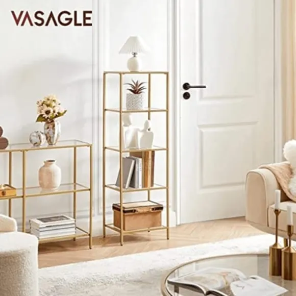 VASAGLE hylde, 5-etagers stigehylde, smal glashylde, guld