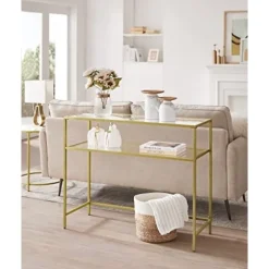 Vasagle -konsolbord, hærdet glasbord, moderne sofa- eller entrebord, guld