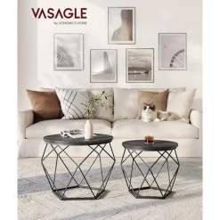 Vasagle runde sofaborde, sæt med to sideborde, moderne stil, sort