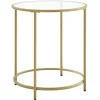 Vasagle rundt sidebord, hærdet glas sofabord med gylden metalram, lille sofabord, guld