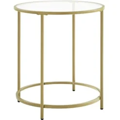 Vasagle rundt sidebord, hærdet glas sofabord med gylden metalram, lille sofabord, guld