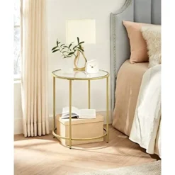 Vasagle rundt sidebord, hærdet glas sofabord med gylden metalram, lille sofabord, guld